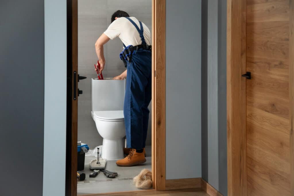 Un plombier en tenue de travail bleue répare un toilette blanc dans une salle de bain au sol en bois et aux murs gris.